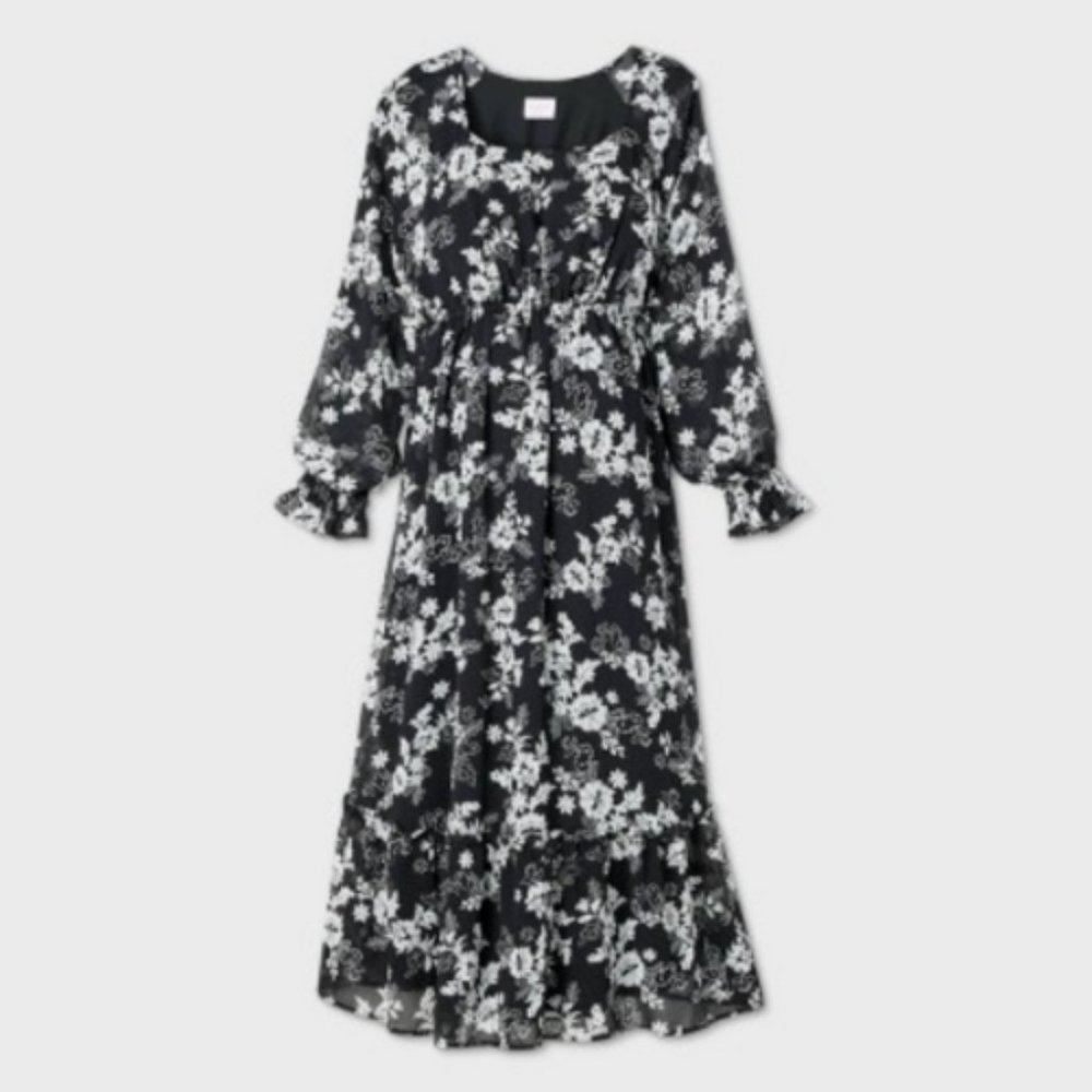 Isabel Maternity Black with Floral Print Long Sleeve Chiffon Dress